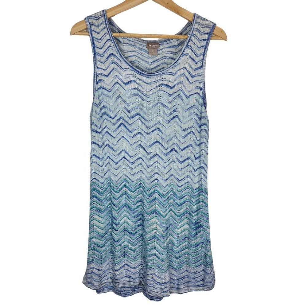 Chico's Size 2 Sweater Tunic Tank Top US L Blue Ombre Fade Zig Zag Stripe Swank